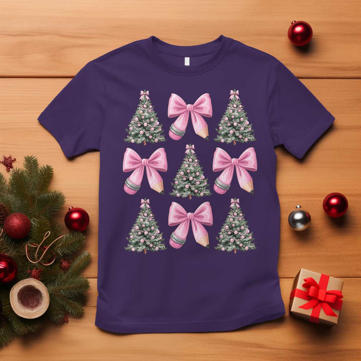 Coquette Bow Christmas T Shirt Girly Xmas Tree Teacher Pencil Bow TS10 Purple Print Your Wear