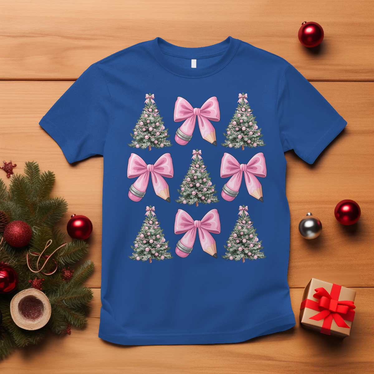 Coquette Bow Christmas T Shirt Girly Xmas Tree Teacher Pencil Bow TS10 Royal Blue Print Your Wear