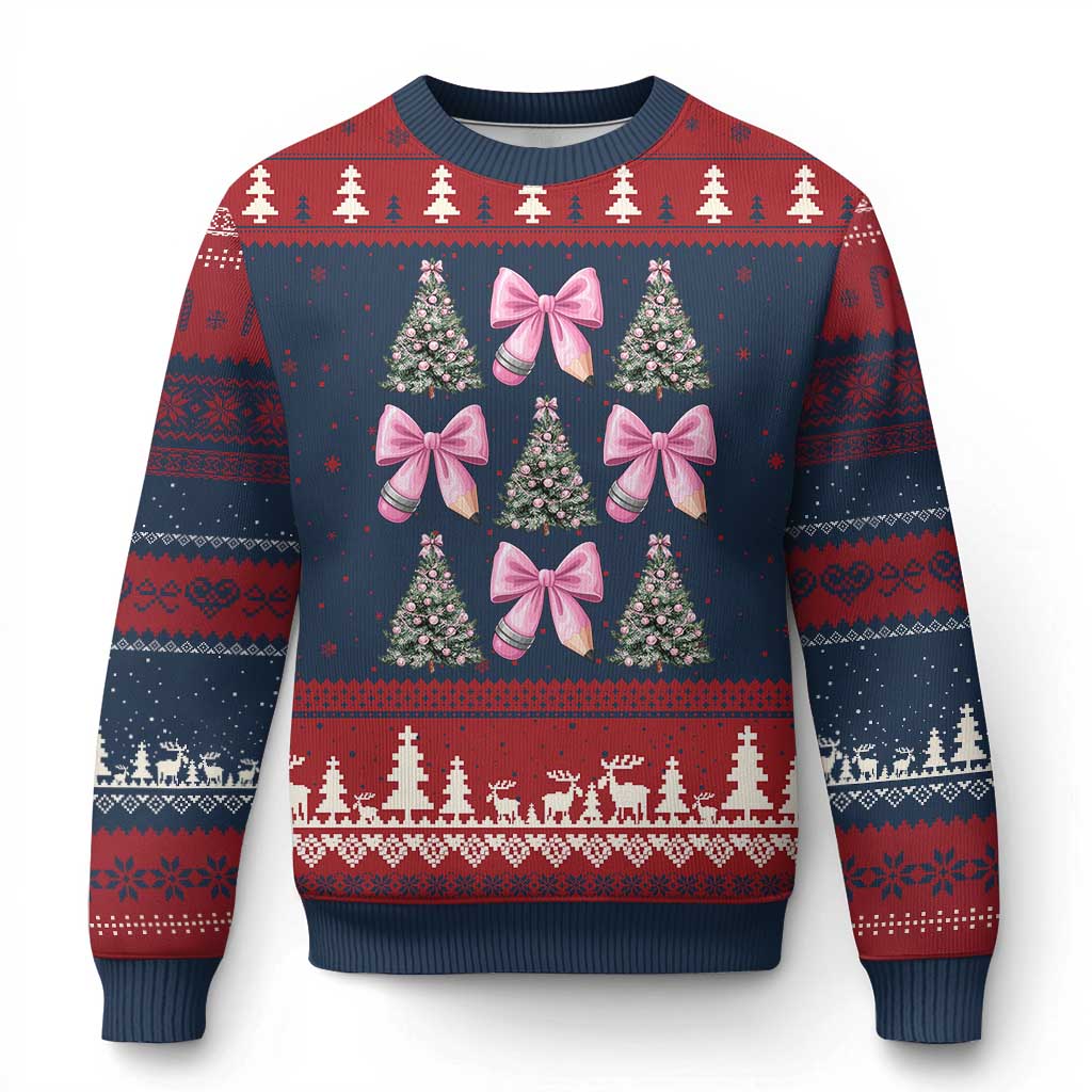 Coquette Bow Xmas Ugly Christmas Sweater Girly Xmas Tree Teacher Pencil Bow TS10 Navy Red Print Your Wear