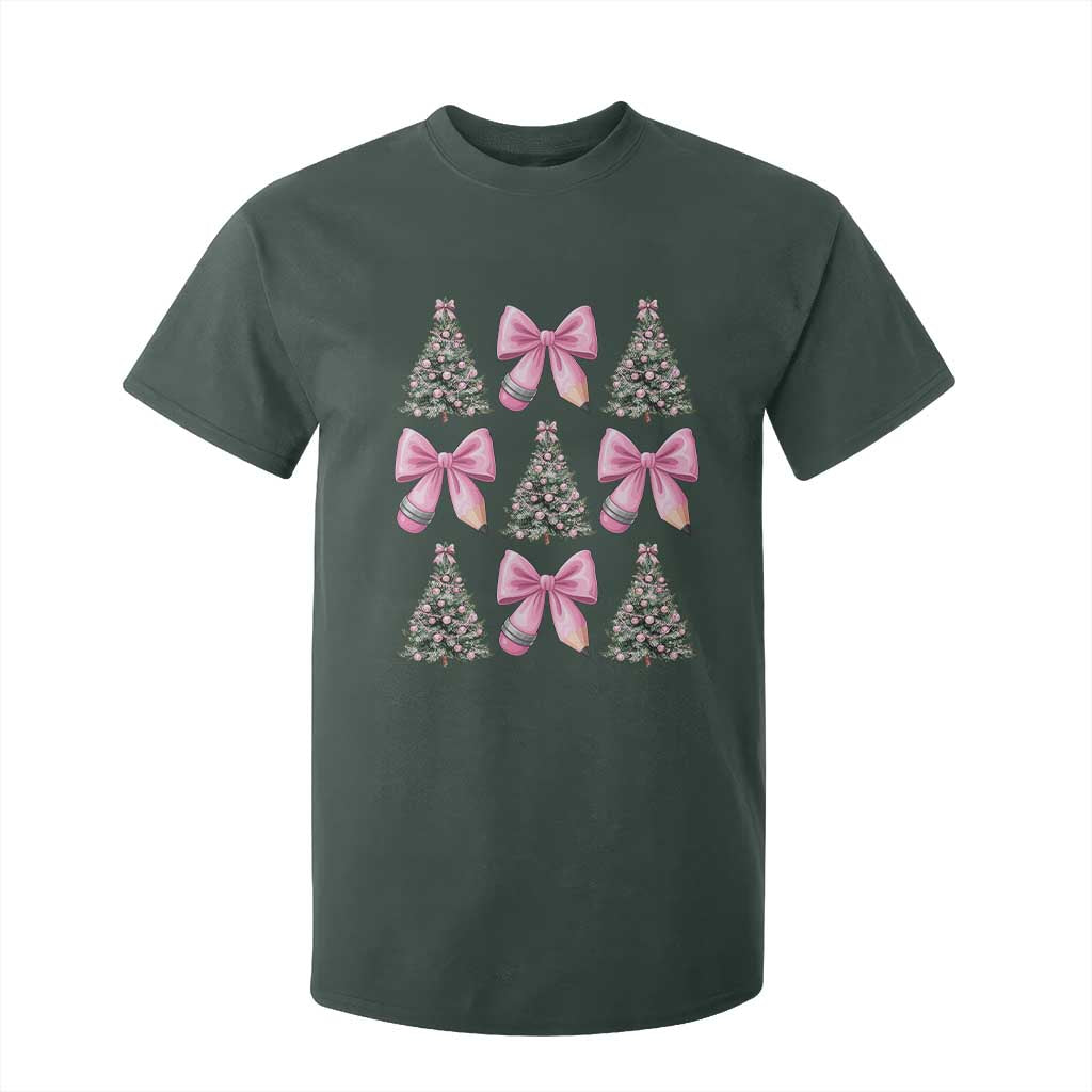 Coquette Bow Christmas T Shirt For Kid Girly Xmas Tree Teacher Pencil Bow TS10 Dark Forest Green Print Your Wear