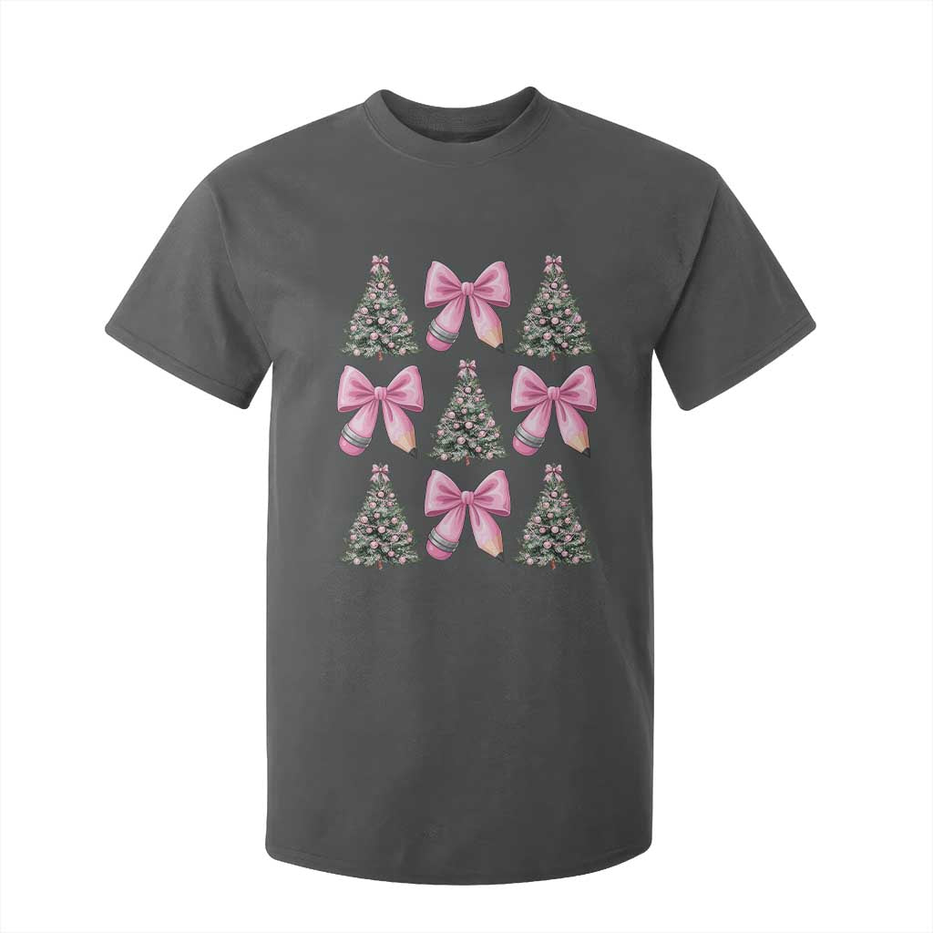 Coquette Bow Christmas T Shirt For Kid Girly Xmas Tree Teacher Pencil Bow TS10 Dark Heather Print Your Wear