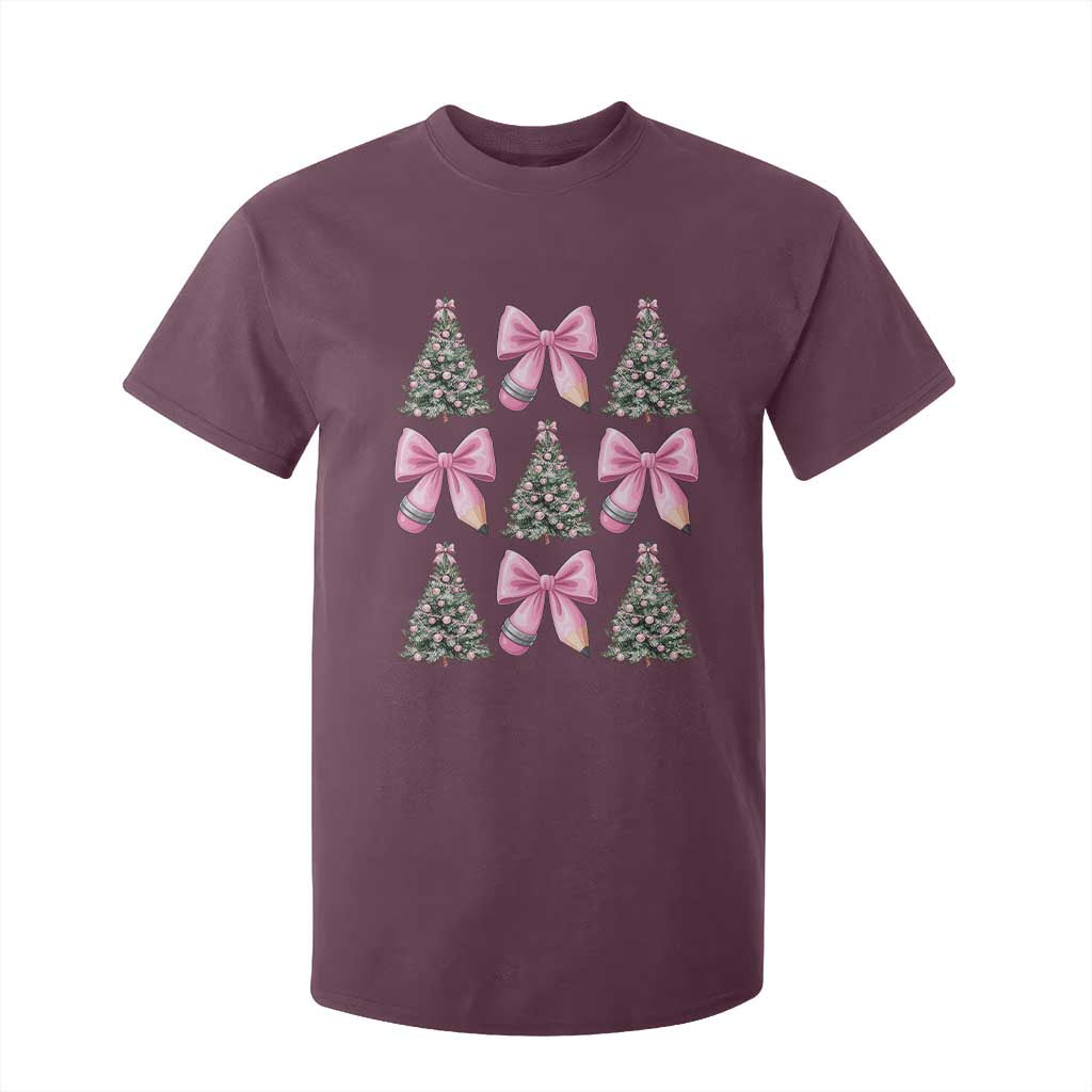 Coquette Bow Christmas T Shirt For Kid Girly Xmas Tree Teacher Pencil Bow TS10 Maroon Print Your Wear