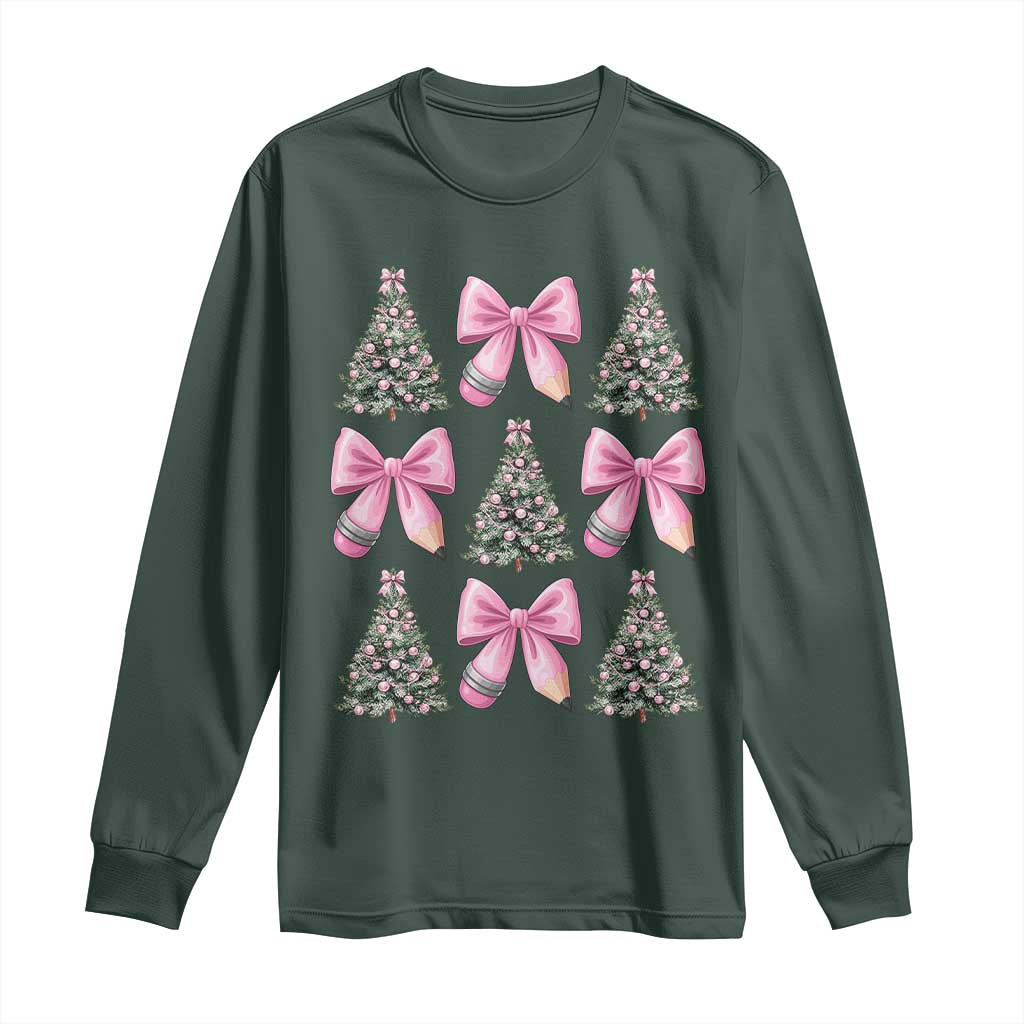 Coquette Bow Christmas Long Sleeve Shirt Girly Xmas Tree Teacher Pencil Bow TS10 Dark Forest Green Print Your Wear