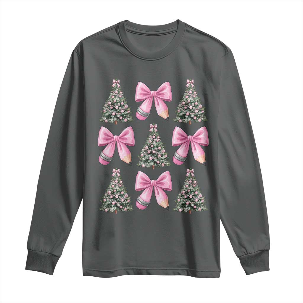 Coquette Bow Christmas Long Sleeve Shirt Girly Xmas Tree Teacher Pencil Bow TS10 Dark Heather Print Your Wear