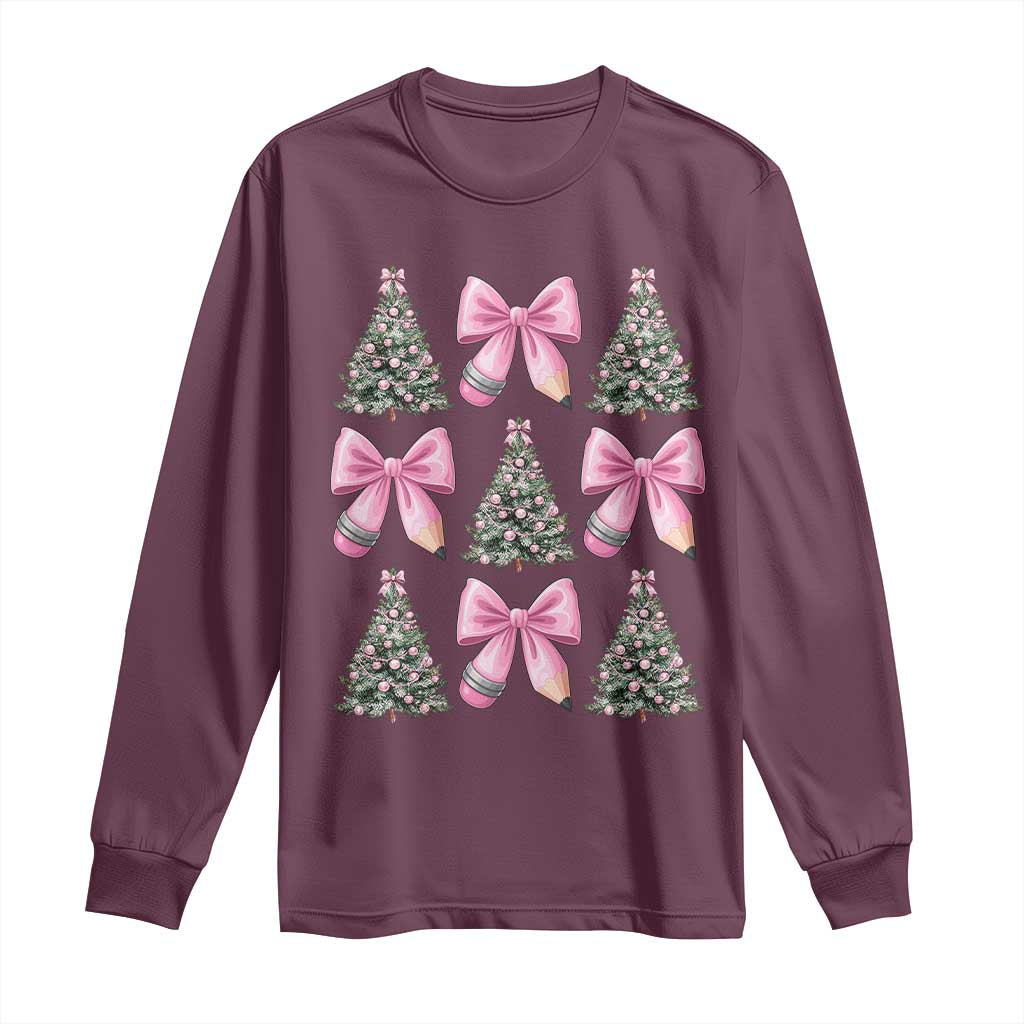 Coquette Bow Christmas Long Sleeve Shirt Girly Xmas Tree Teacher Pencil Bow TS10 Maroon Print Your Wear