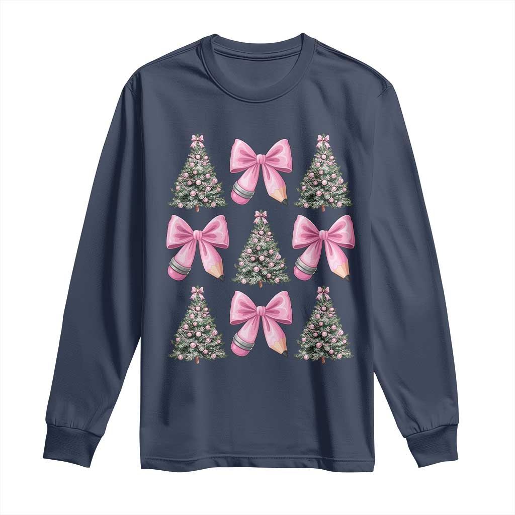 Coquette Bow Christmas Long Sleeve Shirt Girly Xmas Tree Teacher Pencil Bow TS10 Navy Print Your Wear
