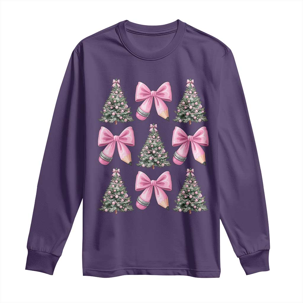 Coquette Bow Christmas Long Sleeve Shirt Girly Xmas Tree Teacher Pencil Bow TS10 Purple Print Your Wear