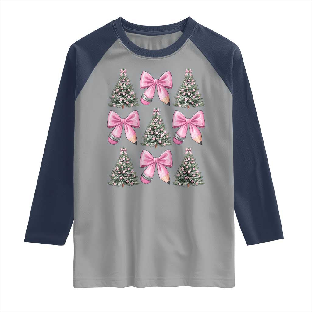 Coquette Bow Christmas Raglan Shirt Girly Xmas Tree Teacher Pencil Bow TS10 Sport Gray Navy Print Your Wear
