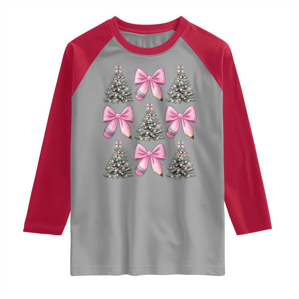 Coquette Bow Christmas Raglan Shirt Girly Xmas Tree Teacher Pencil Bow TS10 Sport Gray Red Print Your Wear