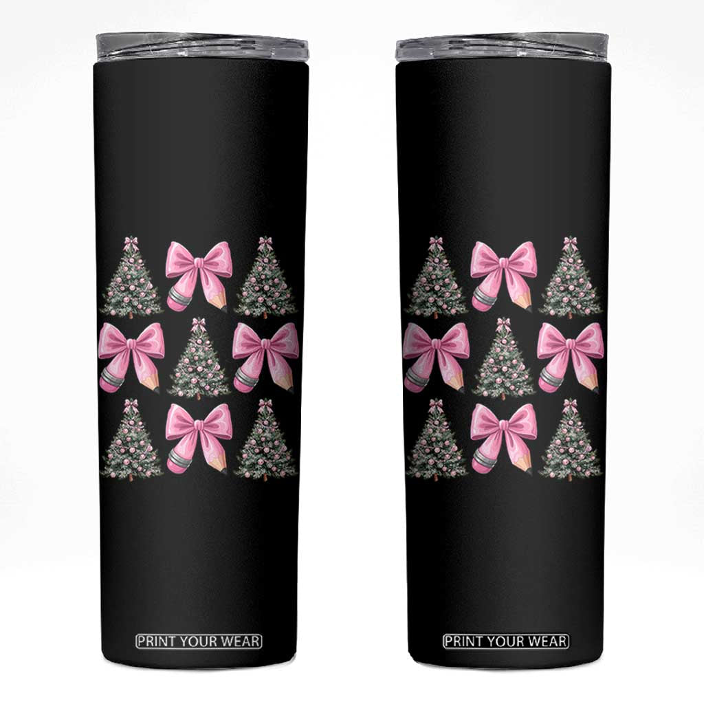 Coquette Bow Christmas Skinny Tumbler Girly Xmas Tree Teacher Pencil Bow TS10 Black Print Your Wear
