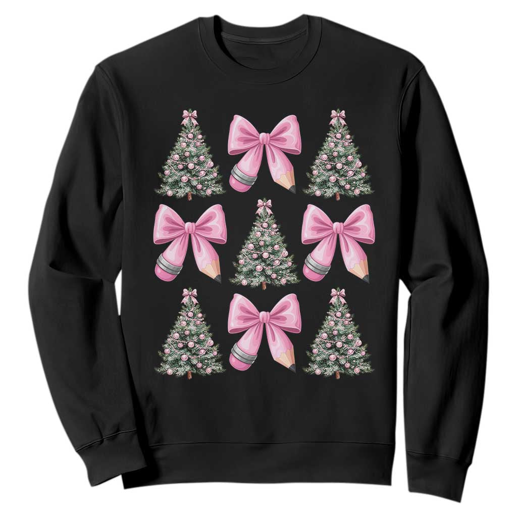 Coquette Bow Christmas Sweatshirt Girly Xmas Tree Teacher Pencil Bow TS10 Black Print Your Wear