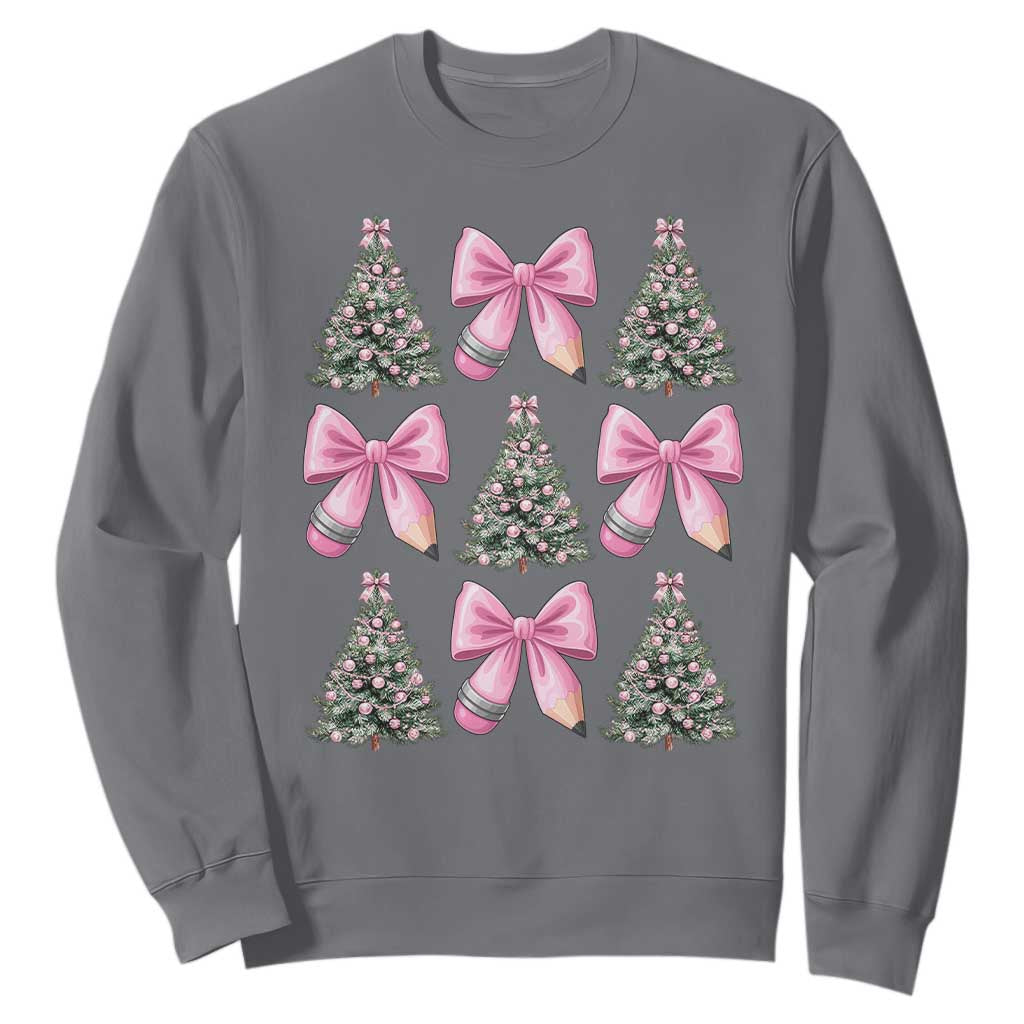 Coquette Bow Christmas Sweatshirt Girly Xmas Tree Teacher Pencil Bow TS10 Charcoal Print Your Wear