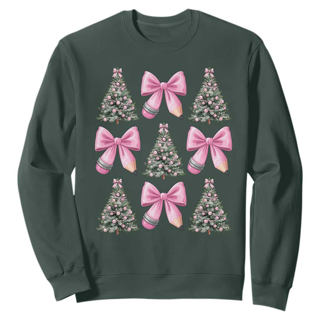 Coquette Bow Christmas Sweatshirt Girly Xmas Tree Teacher Pencil Bow TS10 Dark Forest Green Print Your Wear