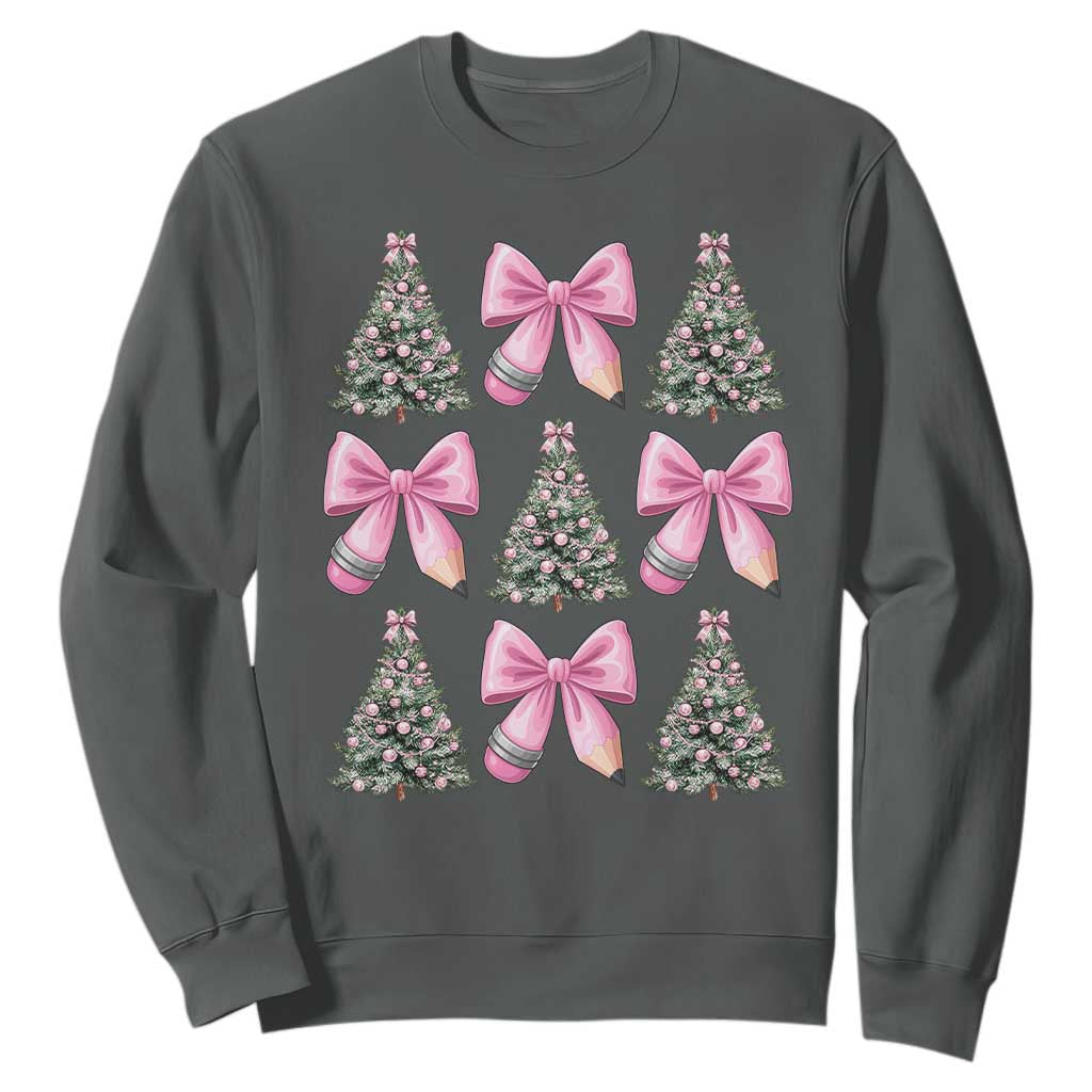 Coquette Bow Christmas Sweatshirt Girly Xmas Tree Teacher Pencil Bow TS10 Dark Heather Print Your Wear