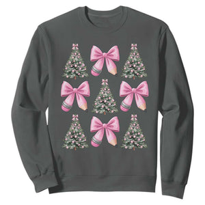 Coquette Bow Christmas Sweatshirt Girly Xmas Tree Teacher Pencil Bow TS10 Dark Heather Print Your Wear