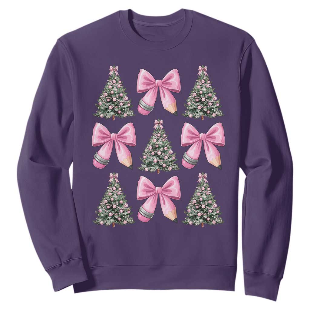 Coquette Bow Christmas Sweatshirt Girly Xmas Tree Teacher Pencil Bow TS10 Purple Print Your Wear