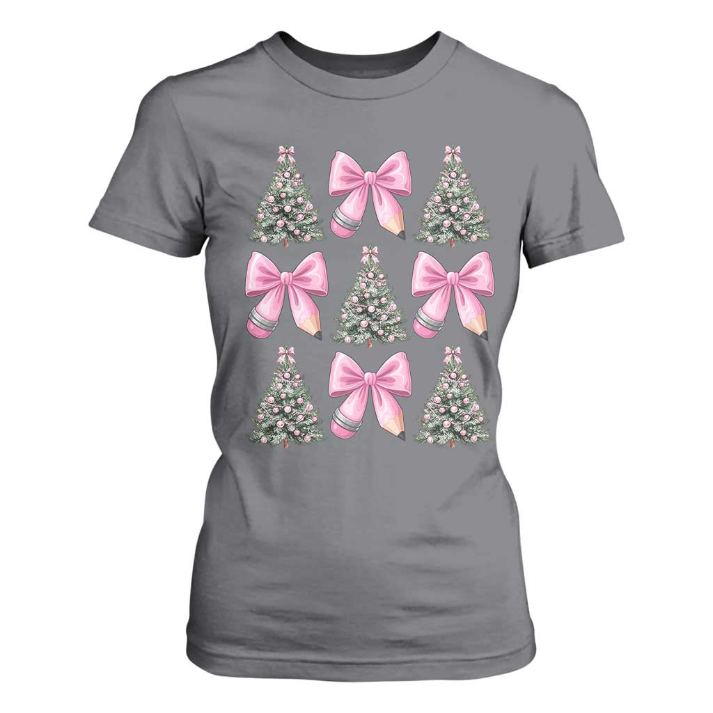 Coquette Bow Christmas T Shirt For Women Girly Xmas Tree Teacher Pencil Bow TS10 Charcoal Print Your Wear