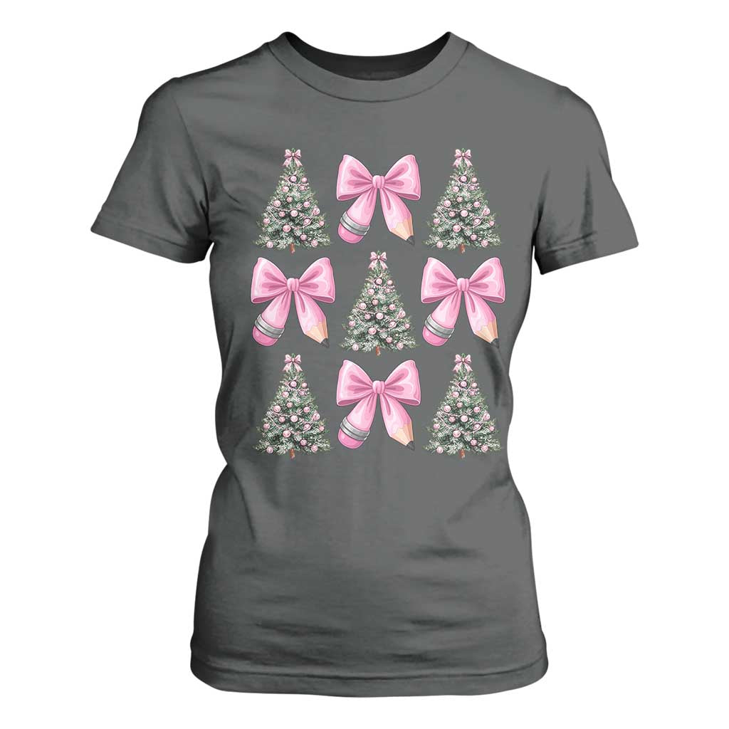 Coquette Bow Christmas T Shirt For Women Girly Xmas Tree Teacher Pencil Bow TS10 Dark Heather Print Your Wear