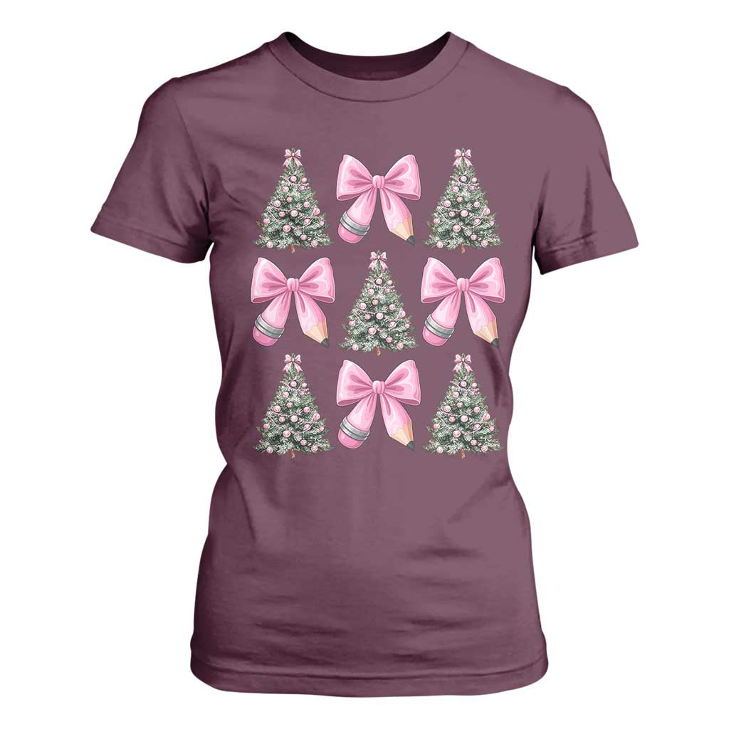 Coquette Bow Christmas T Shirt For Women Girly Xmas Tree Teacher Pencil Bow TS10 Maroon Print Your Wear