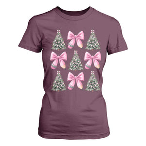 Coquette Bow Christmas T Shirt For Women Girly Xmas Tree Teacher Pencil Bow TS10 Maroon Print Your Wear