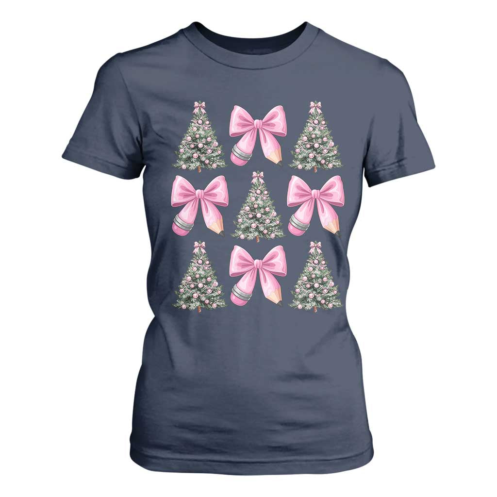 Coquette Bow Christmas T Shirt For Women Girly Xmas Tree Teacher Pencil Bow TS10 Navy Print Your Wear