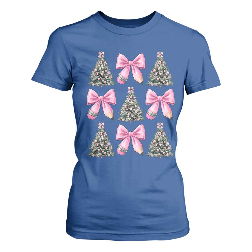 Coquette Bow Christmas T Shirt For Women Girly Xmas Tree Teacher Pencil Bow TS10 Royal Blue Print Your Wear