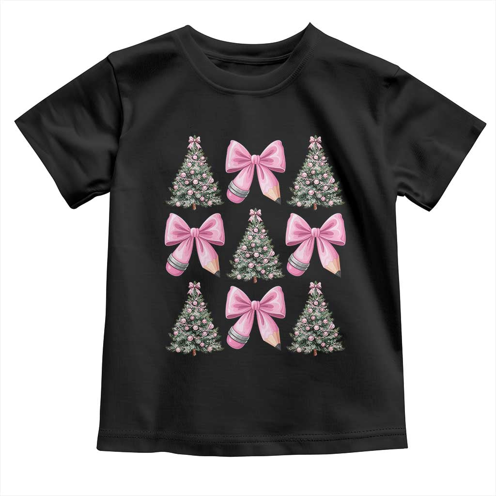 Coquette Bow Christmas Toddler T Shirt Girly Xmas Tree Teacher Pencil Bow TS10 Black Print Your Wear