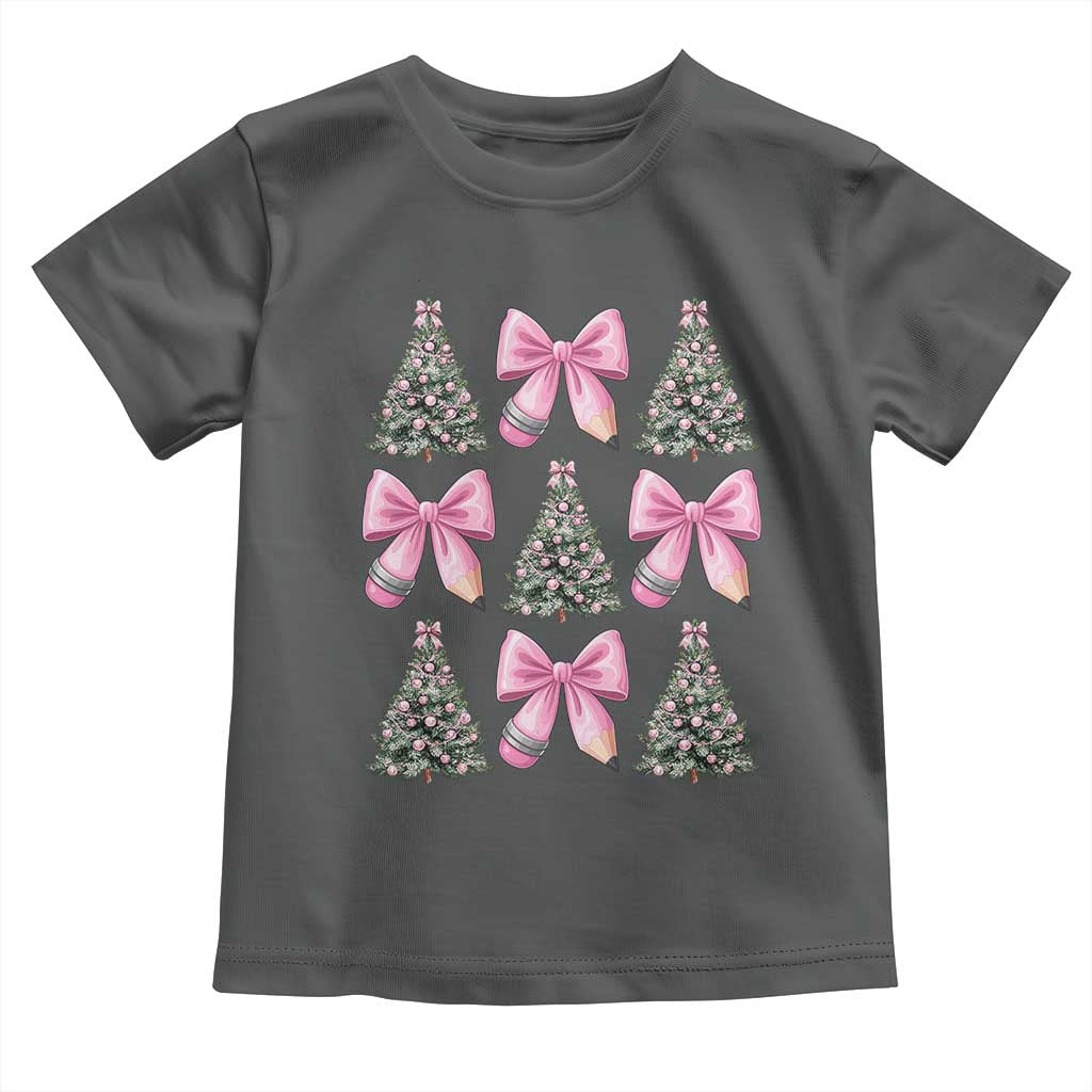 Coquette Bow Christmas Toddler T Shirt Girly Xmas Tree Teacher Pencil Bow TS10 Dark Heather Print Your Wear