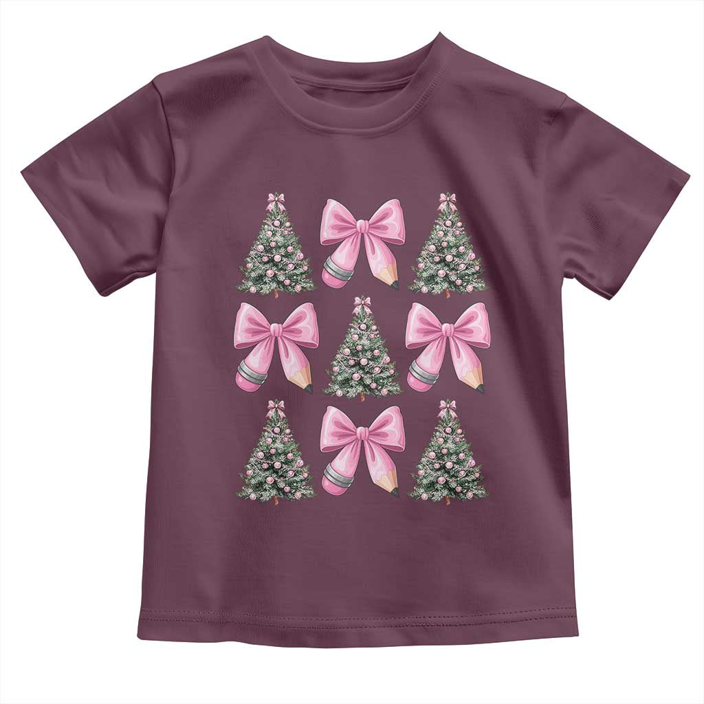 Coquette Bow Christmas Toddler T Shirt Girly Xmas Tree Teacher Pencil Bow TS10 Maroon Print Your Wear