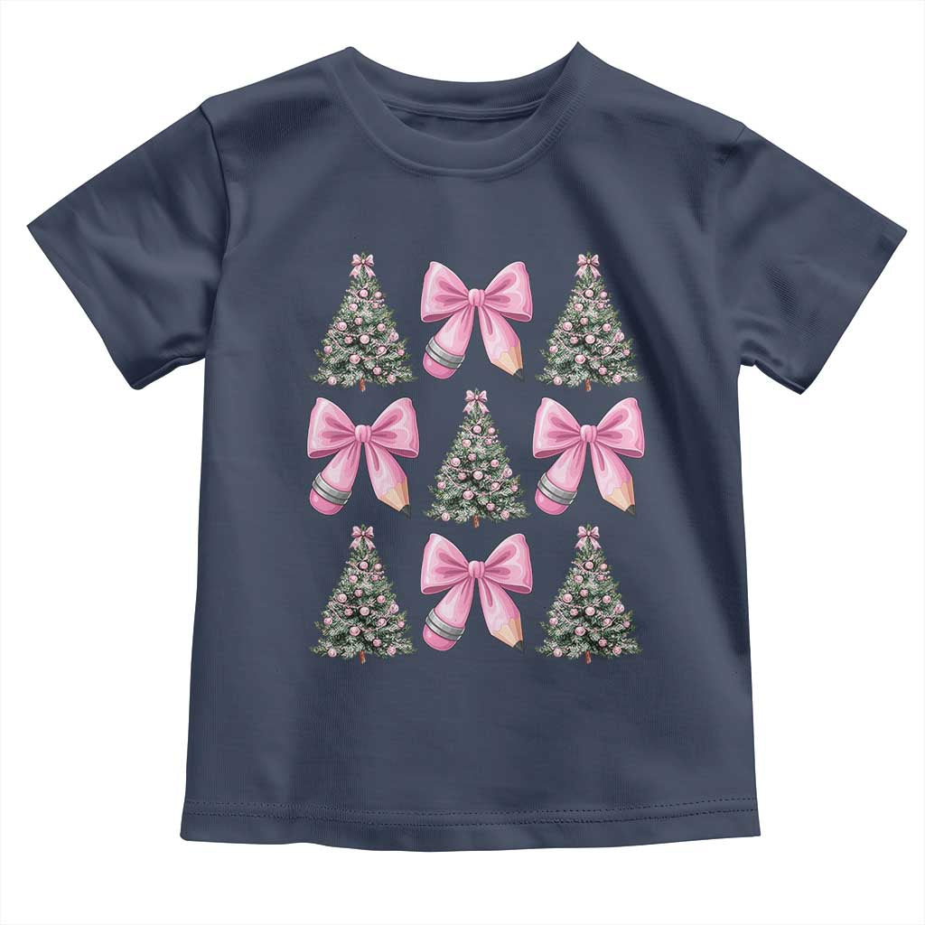 Coquette Bow Christmas Toddler T Shirt Girly Xmas Tree Teacher Pencil Bow TS10 Navy Print Your Wear