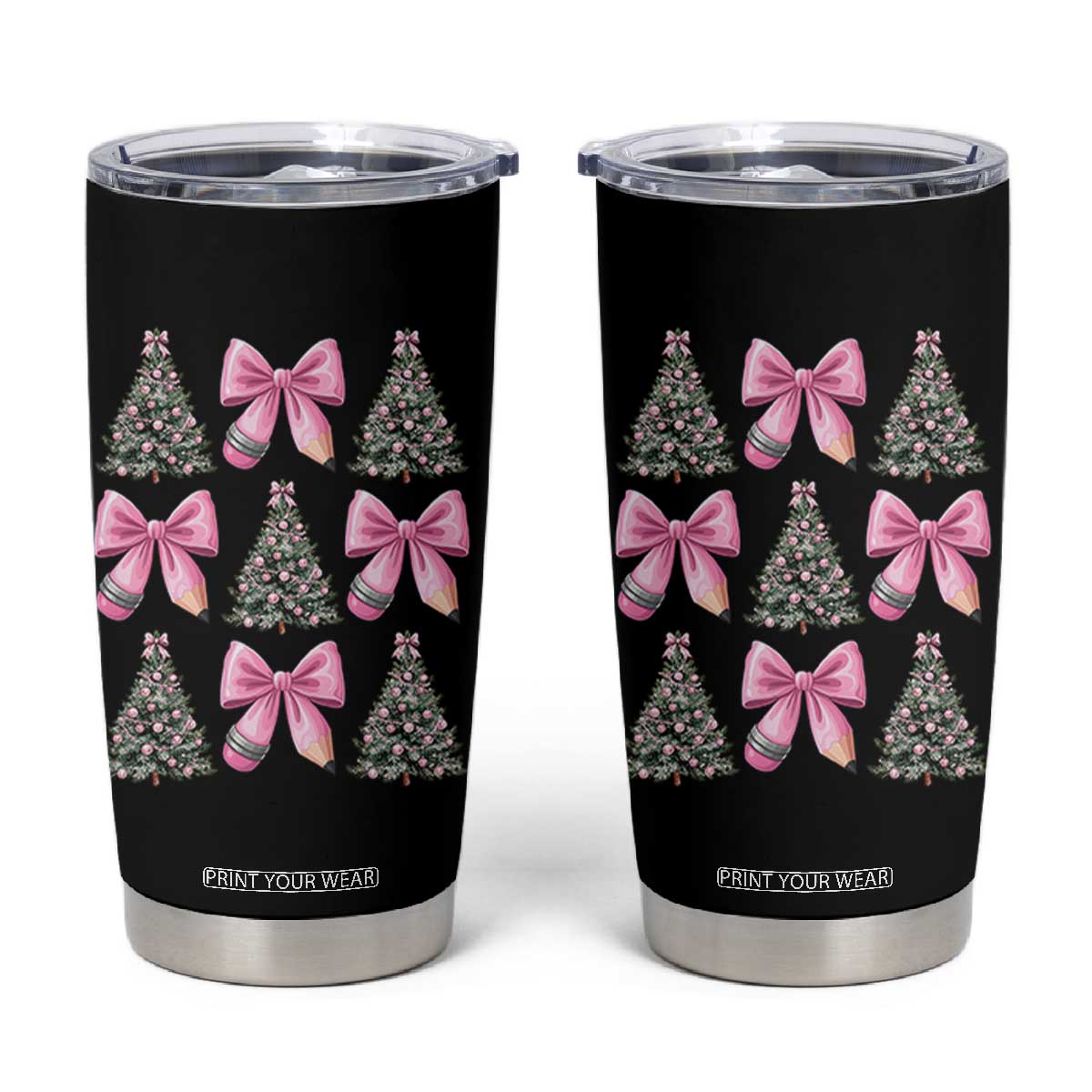 Coquette Bow Christmas Tumbler Cup Girly Xmas Tree Teacher Pencil Bow TS10 Black Print Your Wear