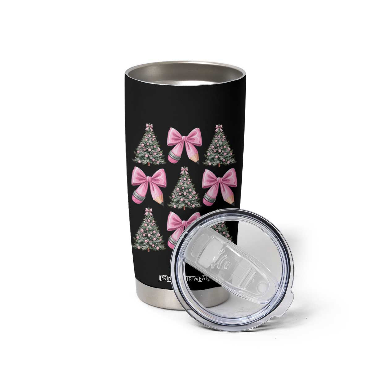 Coquette Bow Christmas Tumbler Cup Girly Xmas Tree Teacher Pencil Bow TS10 Print Your Wear