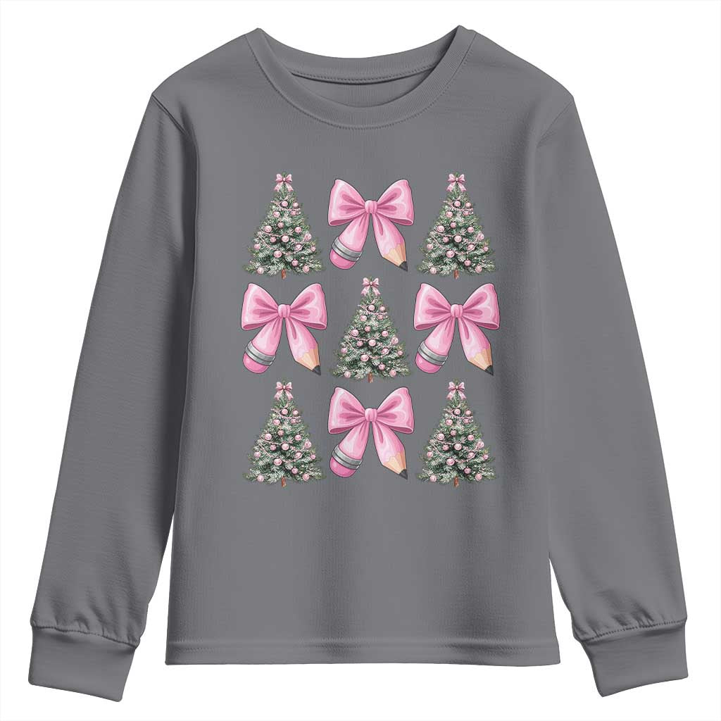 Coquette Bow Christmas Youth Sweatshirt Girly Xmas Tree Teacher Pencil Bow TS10 Charcoal Print Your Wear