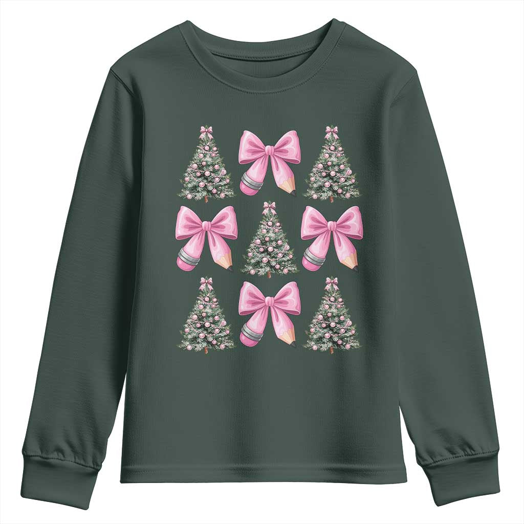 Coquette Bow Christmas Youth Sweatshirt Girly Xmas Tree Teacher Pencil Bow TS10 Dark Forest Green Print Your Wear