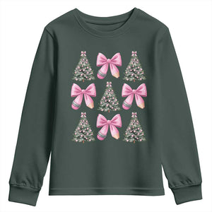 Coquette Bow Christmas Youth Sweatshirt Girly Xmas Tree Teacher Pencil Bow TS10 Dark Forest Green Print Your Wear