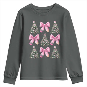 Coquette Bow Christmas Youth Sweatshirt Girly Xmas Tree Teacher Pencil Bow TS10 Dark Heather Print Your Wear