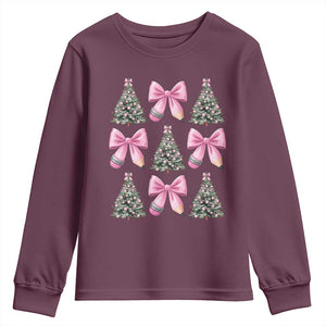 Coquette Bow Christmas Youth Sweatshirt Girly Xmas Tree Teacher Pencil Bow TS10 Maroon Print Your Wear