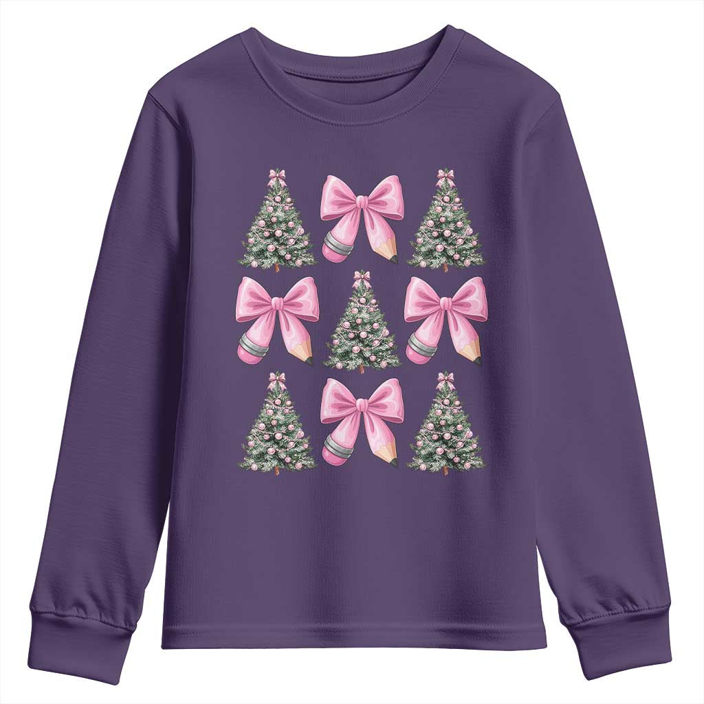 Coquette Bow Christmas Youth Sweatshirt Girly Xmas Tree Teacher Pencil Bow TS10 Purple Print Your Wear