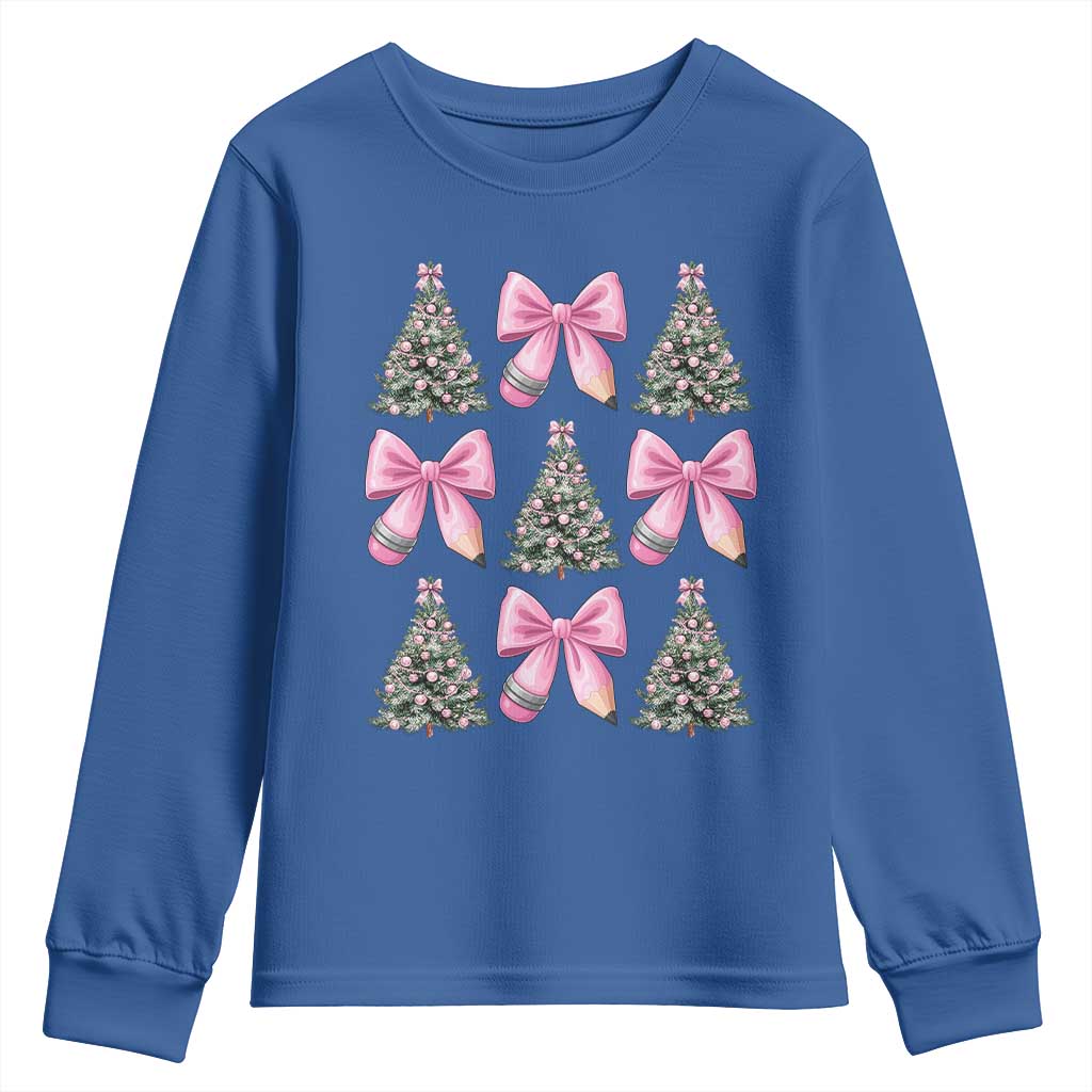 Coquette Bow Christmas Youth Sweatshirt Girly Xmas Tree Teacher Pencil Bow TS10 Royal Blue Print Your Wear