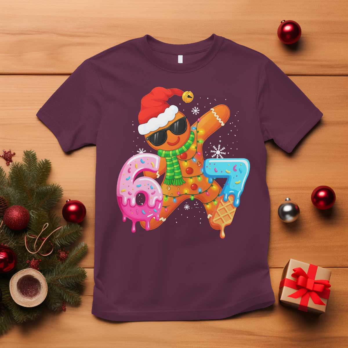 Funny 67 Meme Gingerbread Christmas T Shirt Six Seven Ice Cream Drip Boys TS10 Maroon Print Your Wear