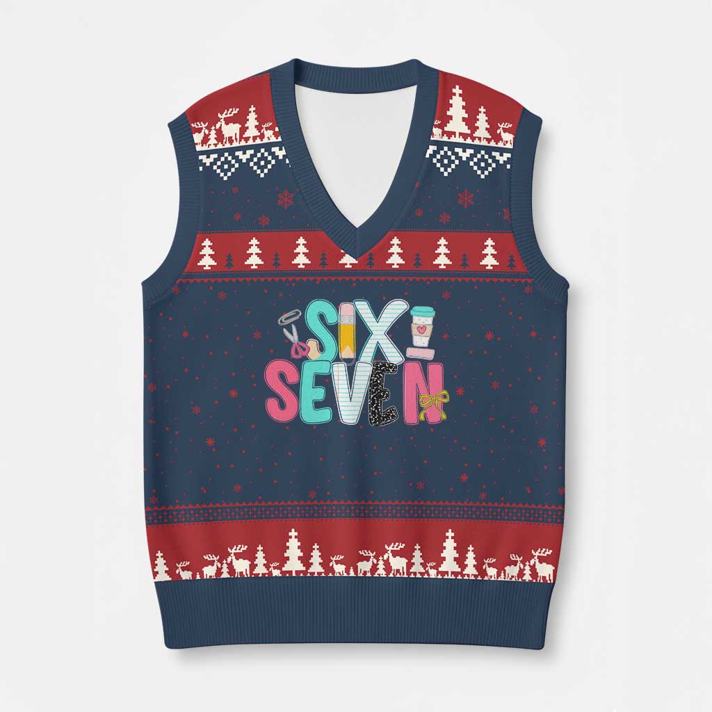 Funny Teacher Six Seven V-Neck Knit Sweater Vest 6 7 Meme TS10 Navy Red Print Your Wear