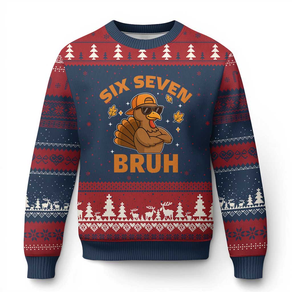 67 Funny Thanksgiving Ugly Christmas Sweater Six Seven Bruh 6 7 Turkey Meme TS10 Navy Red Print Your Wear