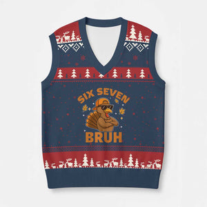 67 Funny Thanksgiving V-Neck Knit Sweater Vest Six Seven Bruh 6 7 Turkey Meme TS10 Navy Red Print Your Wear