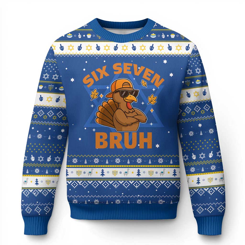 67 Funny Thanksgiving Hanukkah Ugly Sweater Six Seven Bruh 6 7 Turkey Meme TS10 Blue White Print Your Wear