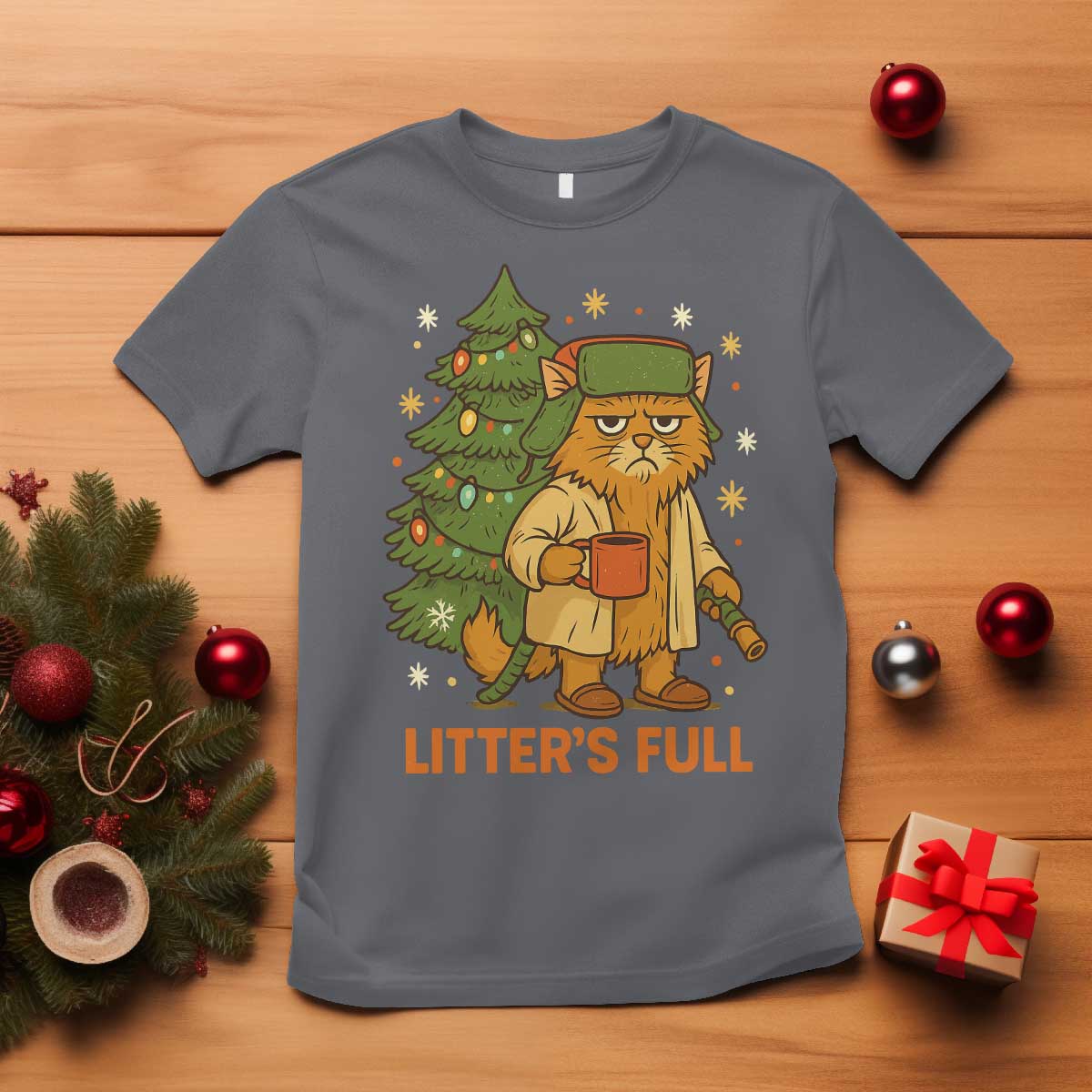 Litters Full T Shirt Funny Christmas Vacation Cat TS10 Charcoal Print Your Wear