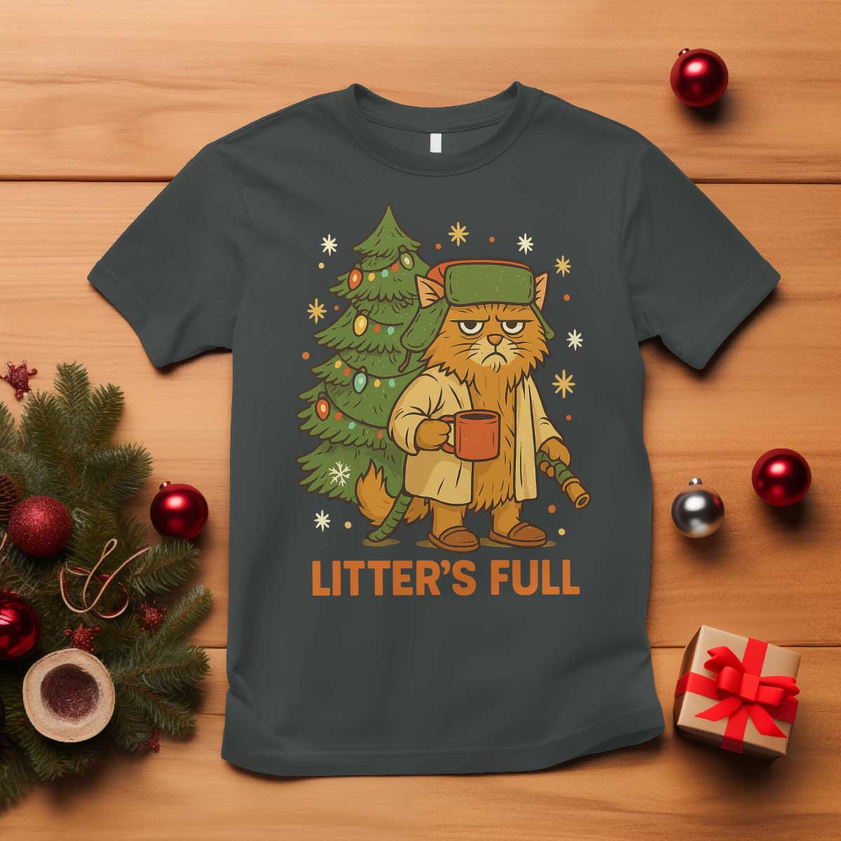 Litters Full T Shirt Funny Christmas Vacation Cat TS10 Dark Heather Print Your Wear