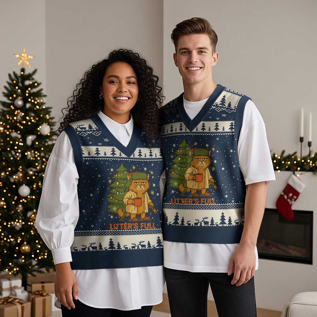Litters Full V-Neck Knit Sweater Vest Funny Xmas Vacation Cat TS10 Navy Beige Print Your Wear