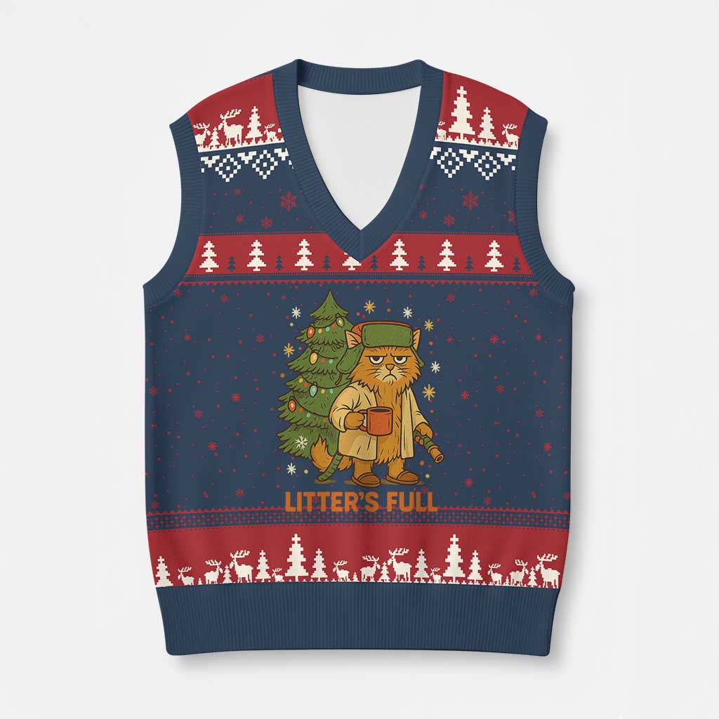 Litters Full V-Neck Knit Sweater Vest Funny Xmas Vacation Cat TS10 Navy Red Print Your Wear