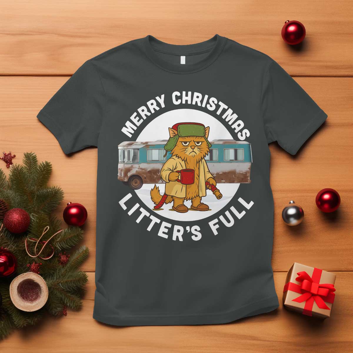 Merry Christmas Litters Full T Shirt Funny Christmas Vacation Cat TS10 Dark Heather Print Your Wear