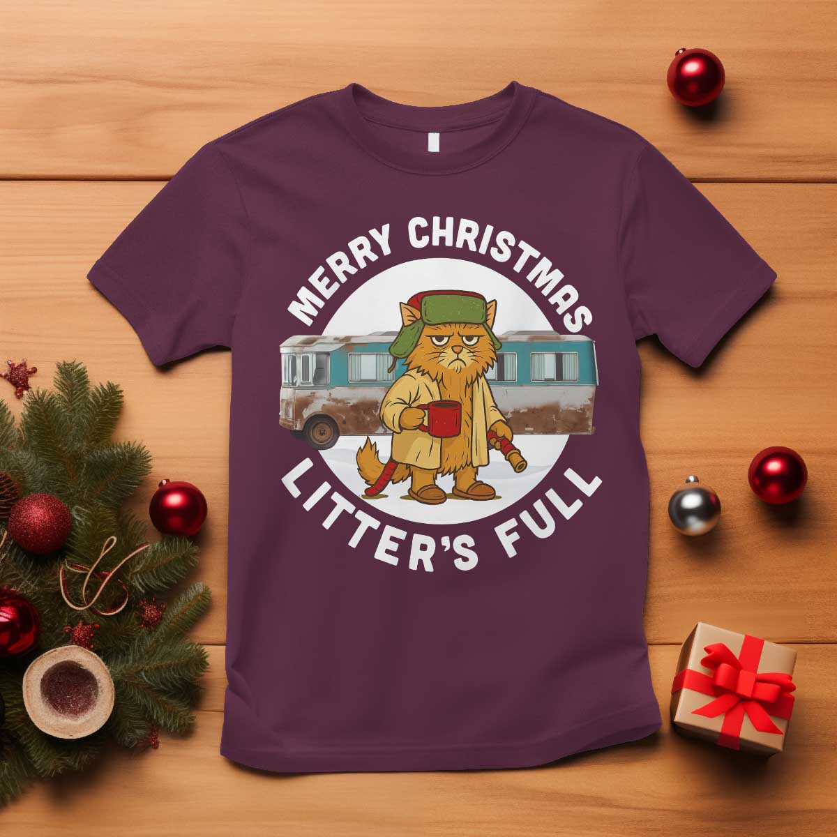 Merry Christmas Litters Full T Shirt Funny Christmas Vacation Cat TS10 Maroon Print Your Wear